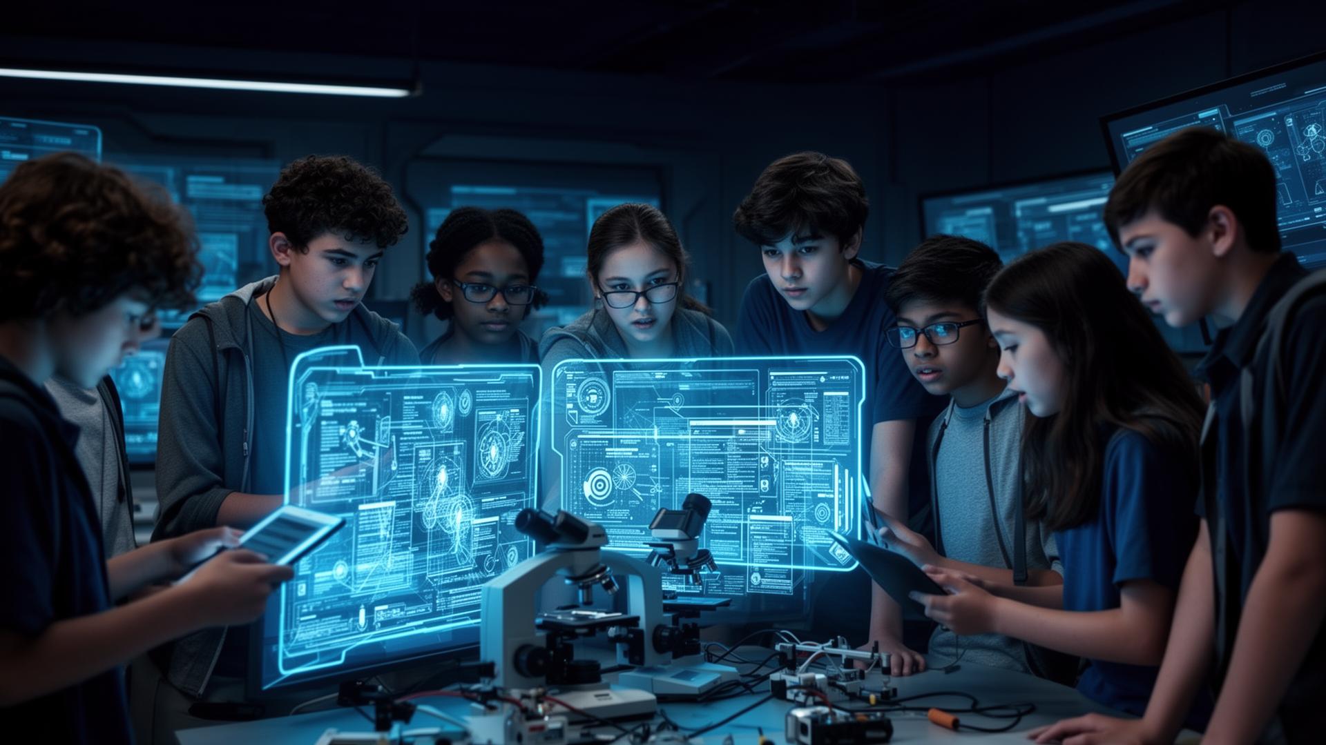 Students investigating in a futuristic STEM lab